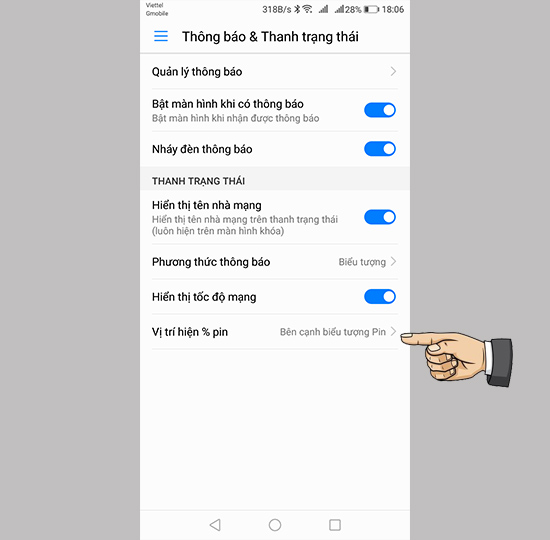 Vào vị trí hiện % pin.